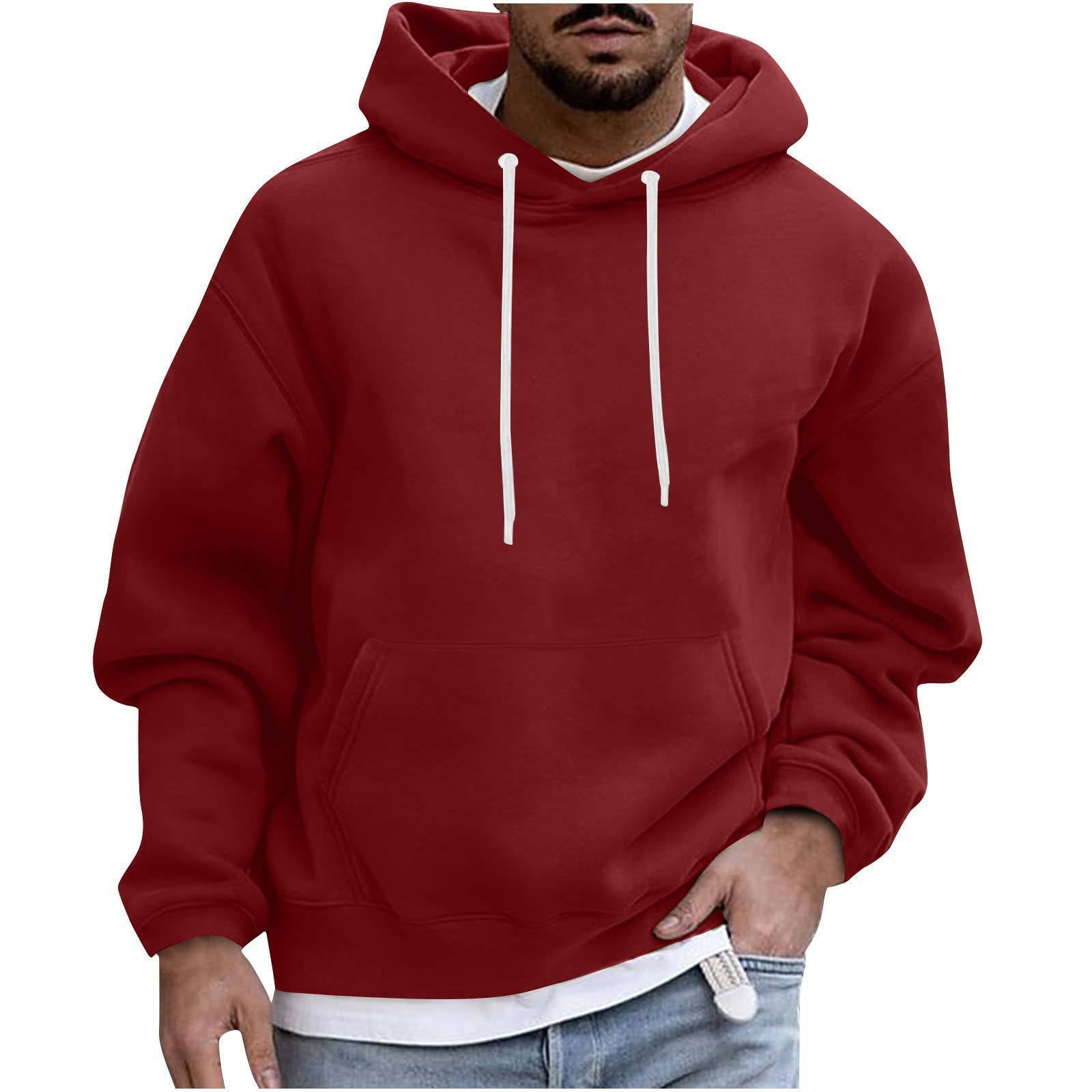 Red hoodie worn by a person on a white background