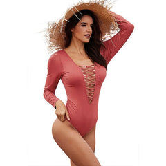 Elegant Crossed Long-Sleeved Charm One-Piece Swimsuit Red earth Beachwear Australia