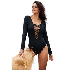 Elegant Crossed Long-Sleeved Charm One-Piece Swimsuit Black Beachwear Australia