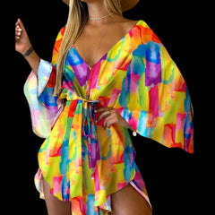 Flirty and Floral: Women's V-Neck Lace-Up Mini Dress Colorful Beachwear Australia