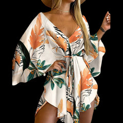 Flirty and Floral: Women's V-Neck Lace-Up Mini Dress Beige Beachwear Australia