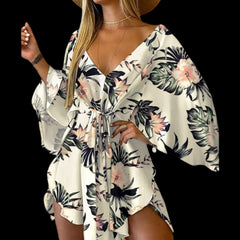 Flirty and Floral: Women's V-Neck Lace-Up Mini Dress Black Leaves Beachwear Australia