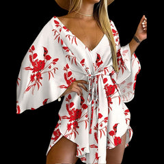 Flirty and Floral: Women's V-Neck Lace-Up Mini Dress White Beachwear Australia