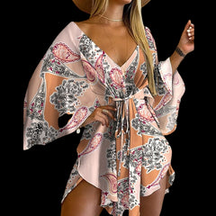 Flirty and Floral: Women's V-Neck Lace-Up Mini Dress Pink Beachwear Australia
