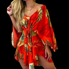Flirty and Floral: Women's V-Neck Lace-Up Mini Dress Red Beachwear Australia