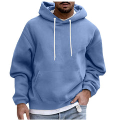 Blue hoodie worn by a person on a white background