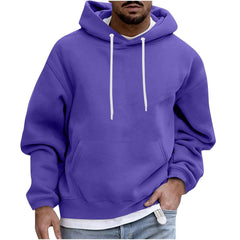 Purple hoodie with white drawstrings worn by a person on a white background