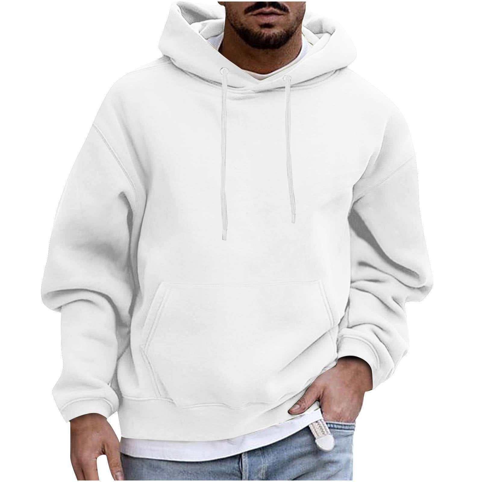 Person wearing a plain white hoodie on a white background