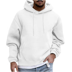 Person wearing a plain white hoodie on a white background