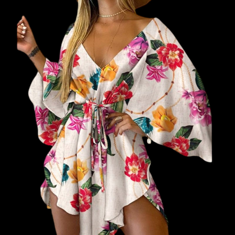 Flirty and Floral: Women's V-Neck Lace-Up Mini Dress Red Flower Beachwear Australia