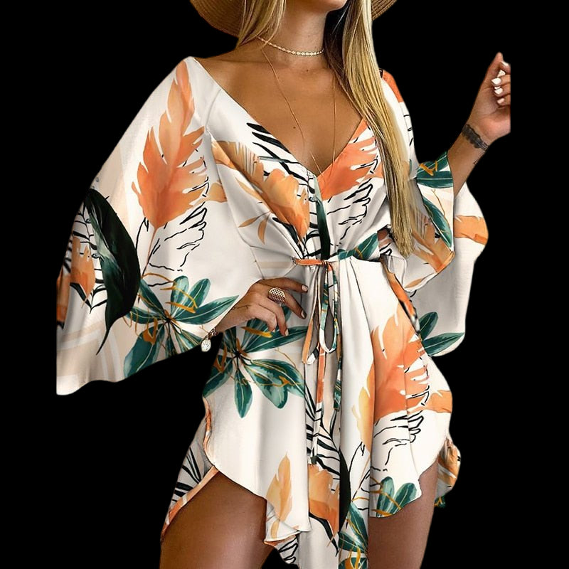 Flirty and Floral: Women's V-Neck Lace-Up Mini Dress Beige Beachwear Australia