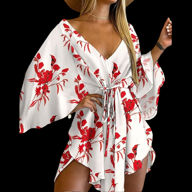 Flirty and Floral: Women's V-Neck Lace-Up Mini Dress White Beachwear Australia