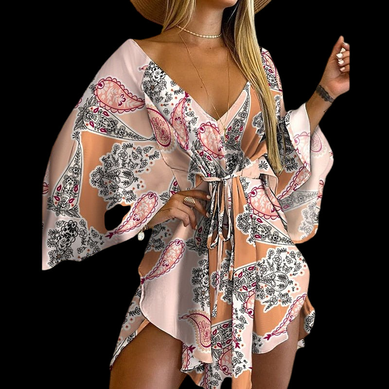 Flirty and Floral: Women's V-Neck Lace-Up Mini Dress Pink Beachwear Australia