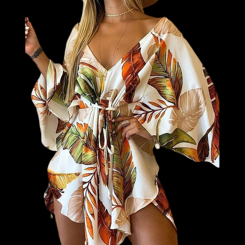 Flirty and Floral: Women's V-Neck Lace-Up Mini Dress Pink Beachwear Australia