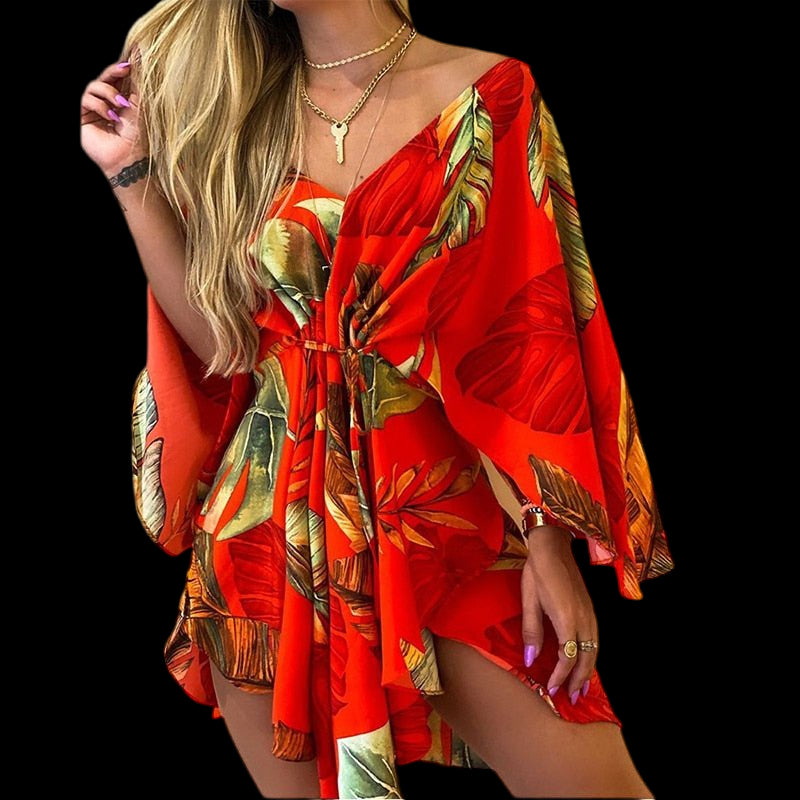 Flirty and Floral: Women's V-Neck Lace-Up Mini Dress Red Beachwear Australia